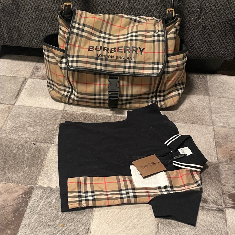Burberry Beige Check Bag and Black Polo Set